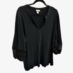 Ava & Viv black split neck lace puff sleeve blouse 100% cotton Size 3X